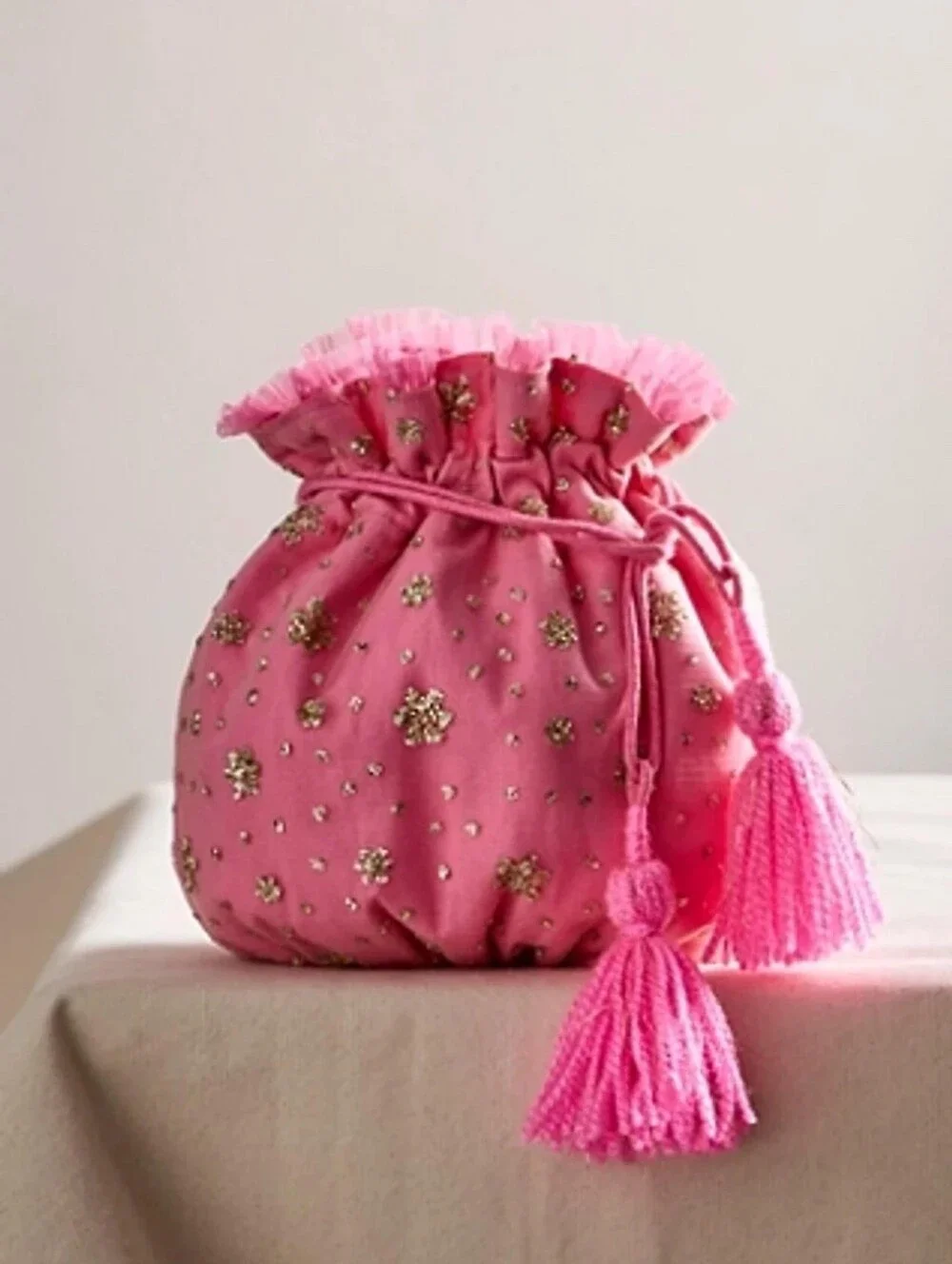Free People Hot Pink Beaded Tassel Drawstring Gift Bag